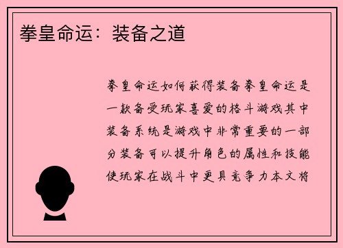 拳皇命运：装备之道