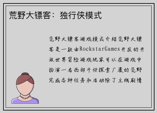 荒野大镖客：独行侠模式