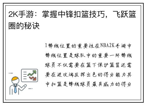2K手游：掌握中锋扣篮技巧，飞跃篮圈的秘诀